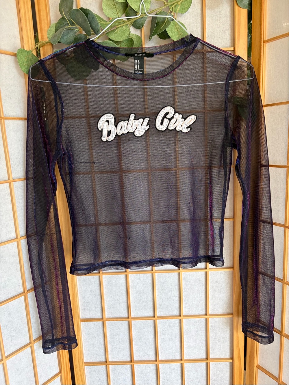 Forever 21 Sheer Black Long-Sleeve Top with 'Baby Girl' Patch